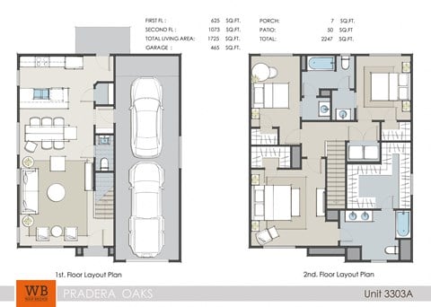 Floor plan for 3 beds, 2.5 baths, 1734 sqft